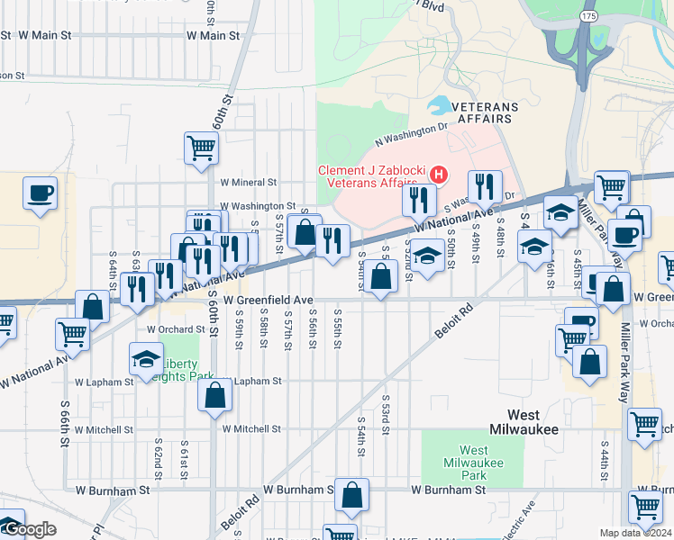 map of restaurants, bars, coffee shops, grocery stores, and more near 5433 West National Avenue in West Milwaukee