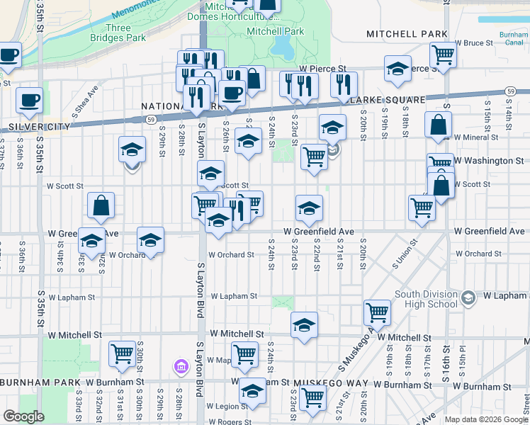 map of restaurants, bars, coffee shops, grocery stores, and more near 1222 South 24th Street in Milwaukee