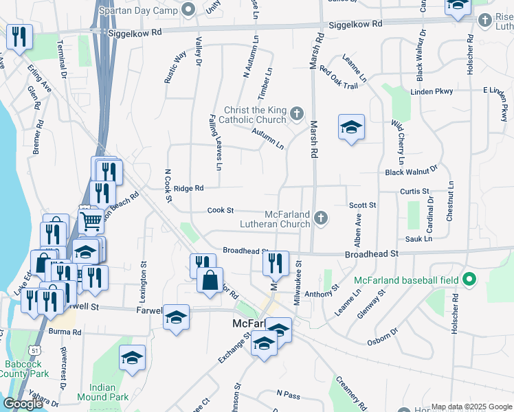 map of restaurants, bars, coffee shops, grocery stores, and more near 5213 Ridge Road in McFarland