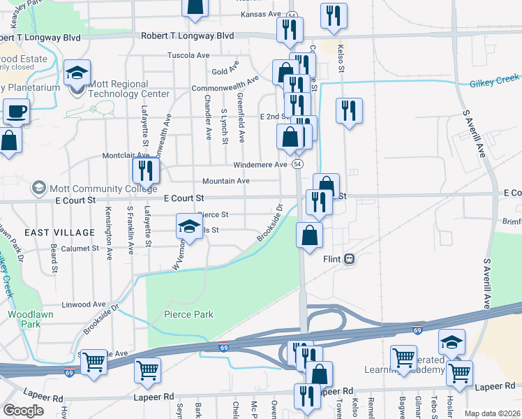 map of restaurants, bars, coffee shops, grocery stores, and more near 2519 Pierce Street in Flint