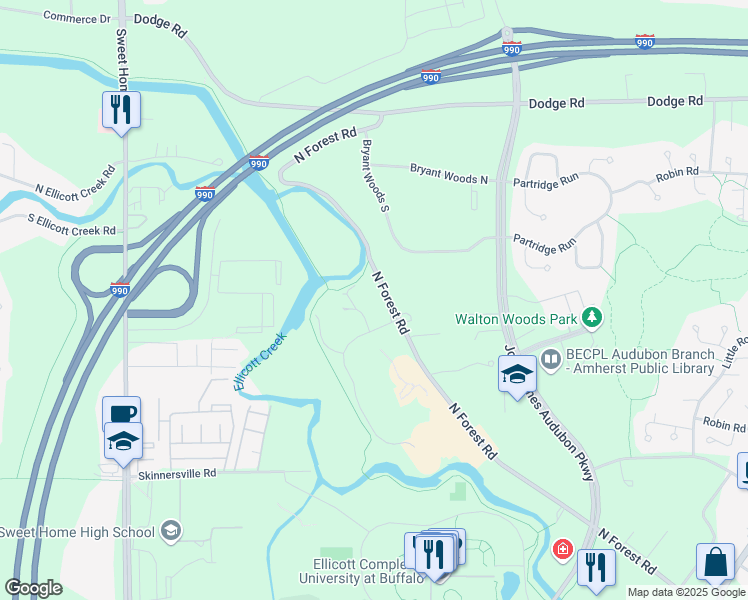 map of restaurants, bars, coffee shops, grocery stores, and more near 2730 North Forest Road in Getzville
