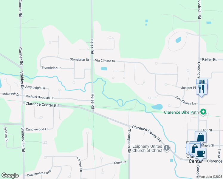 map of restaurants, bars, coffee shops, grocery stores, and more near 6237 Heise Road in Clarence Center