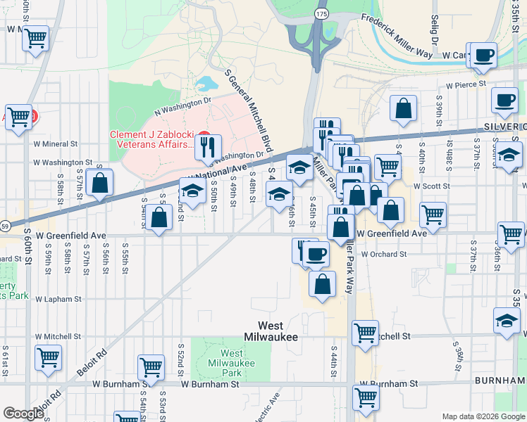 map of restaurants, bars, coffee shops, grocery stores, and more near 4732 Beloit Road in West Milwaukee