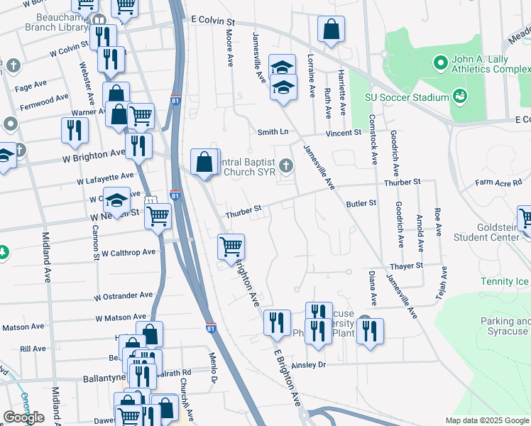 map of restaurants, bars, coffee shops, grocery stores, and more near 220 Thurber Street in Syracuse