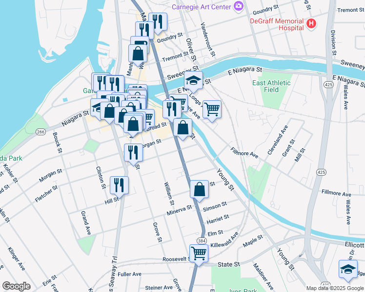 map of restaurants, bars, coffee shops, grocery stores, and more near 35 Delaware Street in Tonawanda