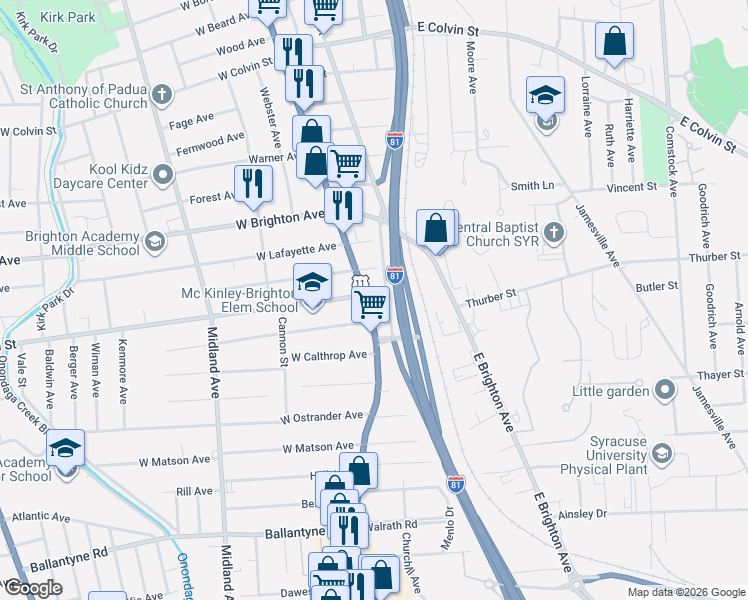 map of restaurants, bars, coffee shops, grocery stores, and more near 3017 South Salina Street in Syracuse