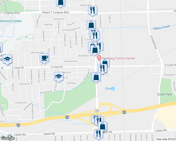 map of restaurants, bars, coffee shops, grocery stores, and more near 2609 East Court Street in Flint