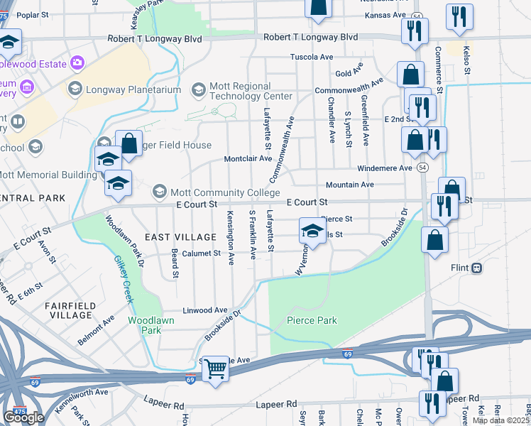 map of restaurants, bars, coffee shops, grocery stores, and more near 1913 East Court Street in Flint