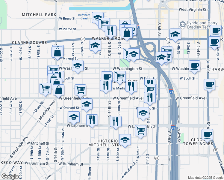 map of restaurants, bars, coffee shops, grocery stores, and more near 1225 South 11th Street in Milwaukee
