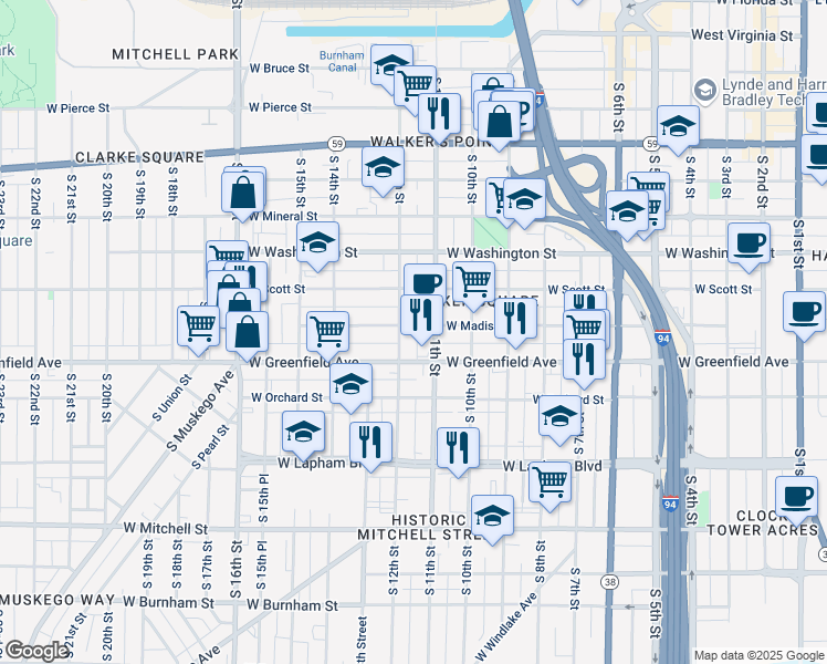 map of restaurants, bars, coffee shops, grocery stores, and more near 1225 South 11th Street in Milwaukee
