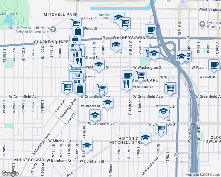 map of restaurants, bars, coffee shops, grocery stores, and more near 1308A West Madison Street in Milwaukee