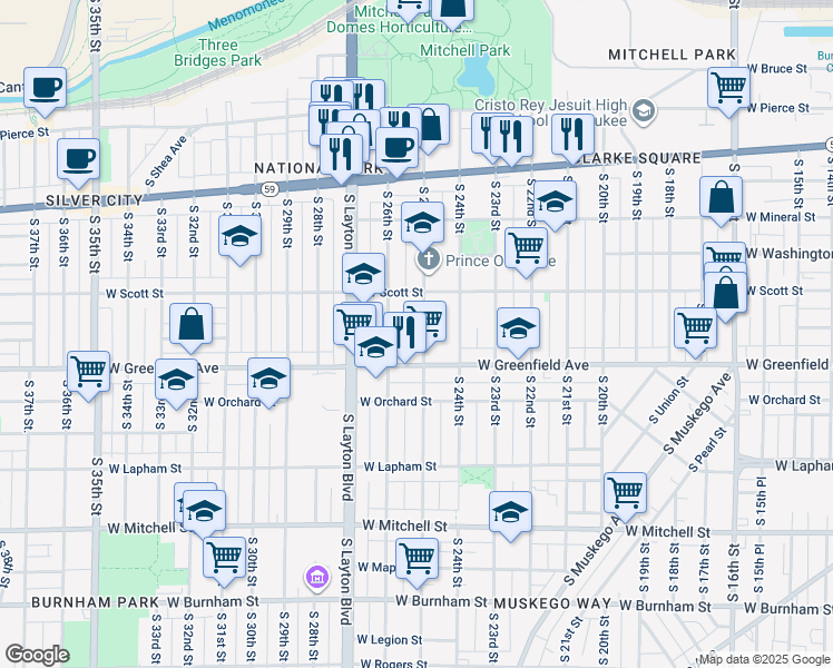 map of restaurants, bars, coffee shops, grocery stores, and more near 1223 South 25th Street in Milwaukee