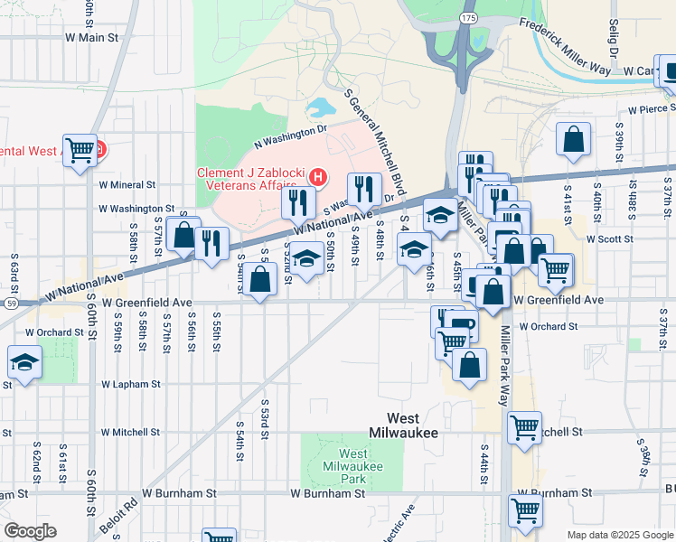 map of restaurants, bars, coffee shops, grocery stores, and more near 1217 South 49th Street in West Milwaukee