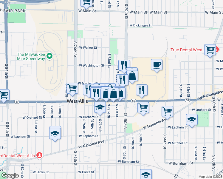 map of restaurants, bars, coffee shops, grocery stores, and more near 1300 South 72nd Street in West Allis