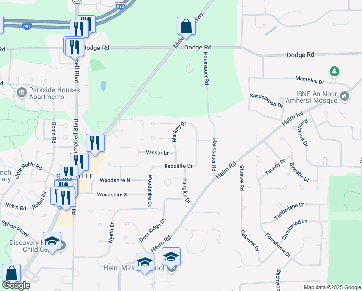 map of restaurants, bars, coffee shops, grocery stores, and more near 73 Markley Drive in Getzville