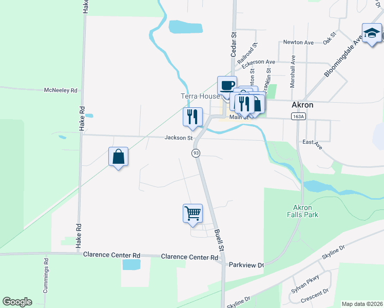 map of restaurants, bars, coffee shops, grocery stores, and more near 11 Buell Street in Akron