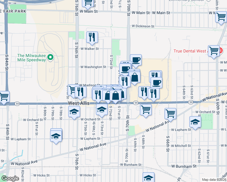 map of restaurants, bars, coffee shops, grocery stores, and more near 1300 South 72nd Street in West Allis