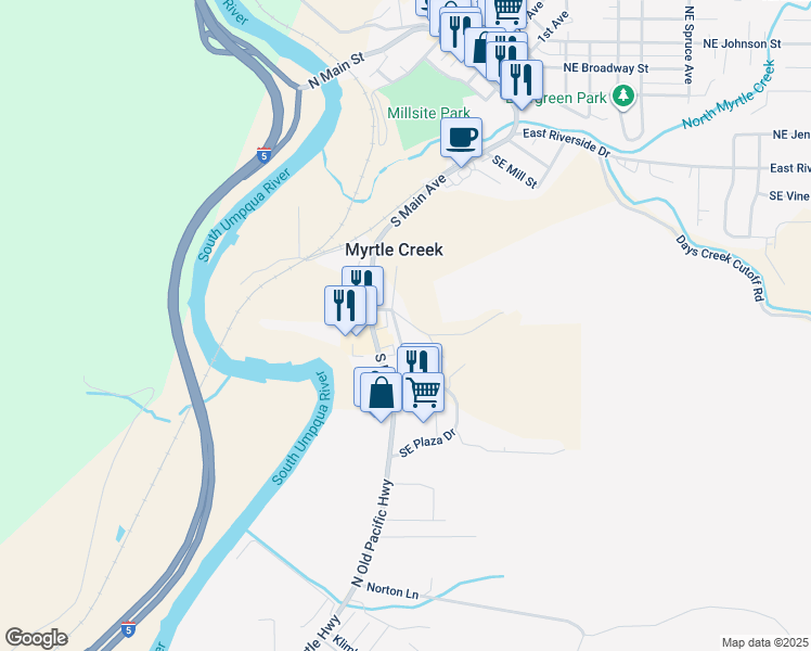 map of restaurants, bars, coffee shops, grocery stores, and more near 701 Meadowlark Avenue in Myrtle Creek