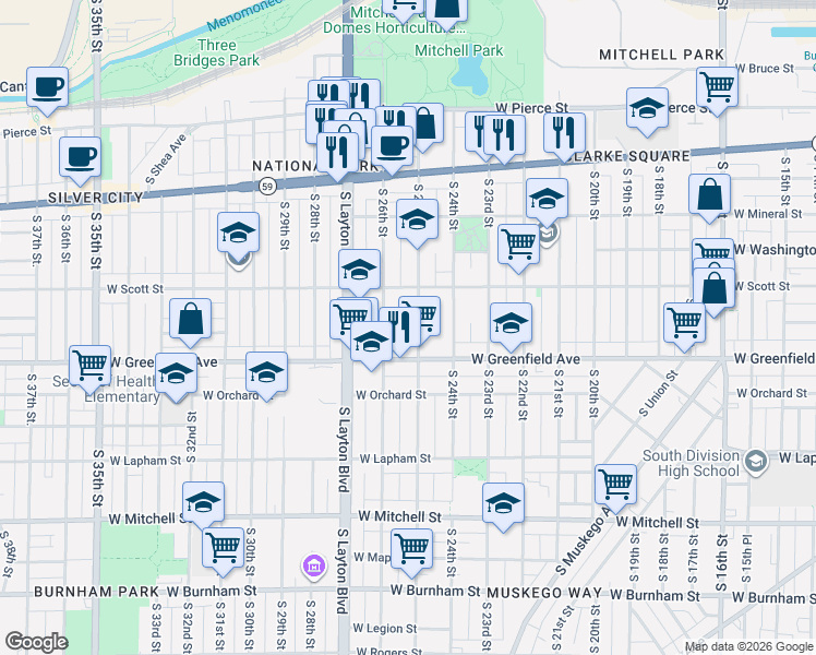 map of restaurants, bars, coffee shops, grocery stores, and more near 1223 South 25th Street in Milwaukee