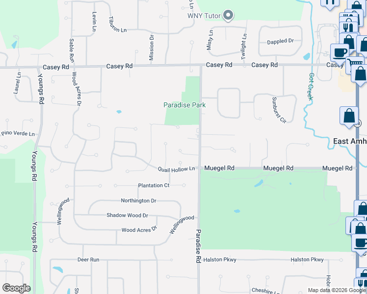 map of restaurants, bars, coffee shops, grocery stores, and more near 45 Red Wing Court in East Amherst