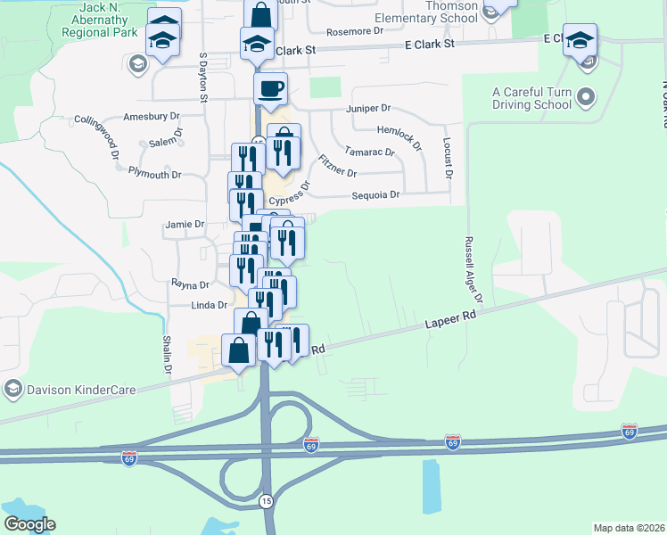 map of restaurants, bars, coffee shops, grocery stores, and more near 10133 Lapeer Road in Davison