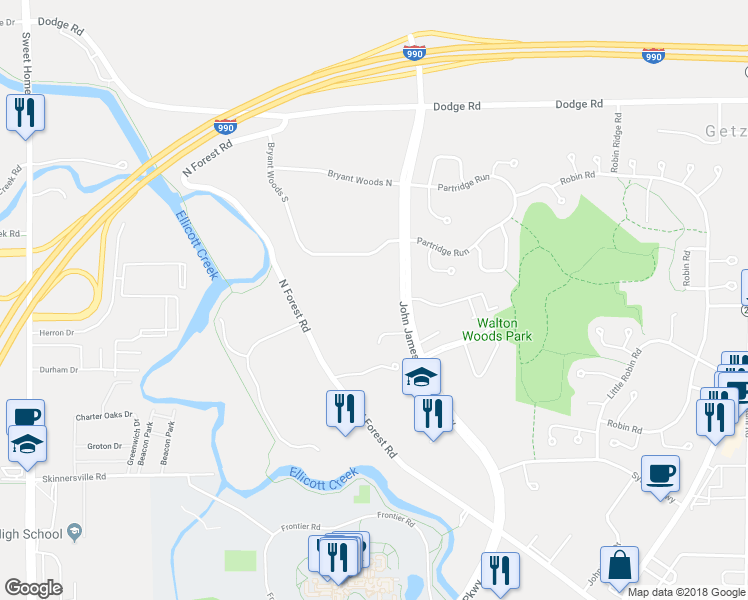 map of restaurants, bars, coffee shops, grocery stores, and more near 491 John James Audubon Parkway in Buffalo