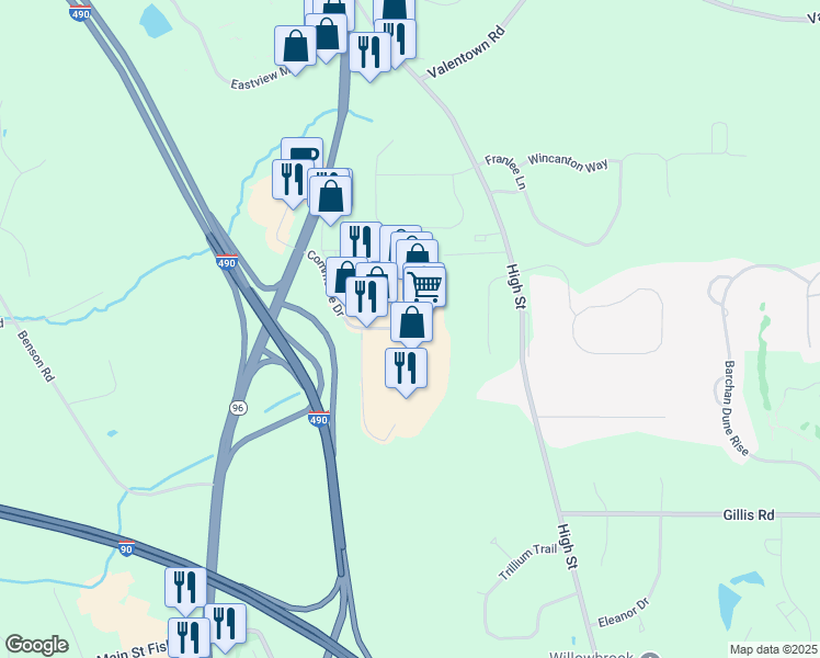 map of restaurants, bars, coffee shops, grocery stores, and more near 439 Commerce Drive in Victor