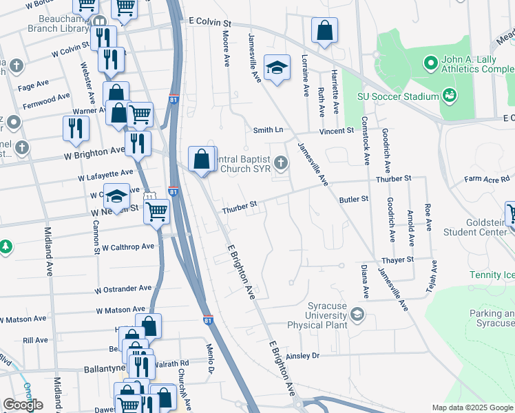 map of restaurants, bars, coffee shops, grocery stores, and more near 214 Thurber Street in Syracuse