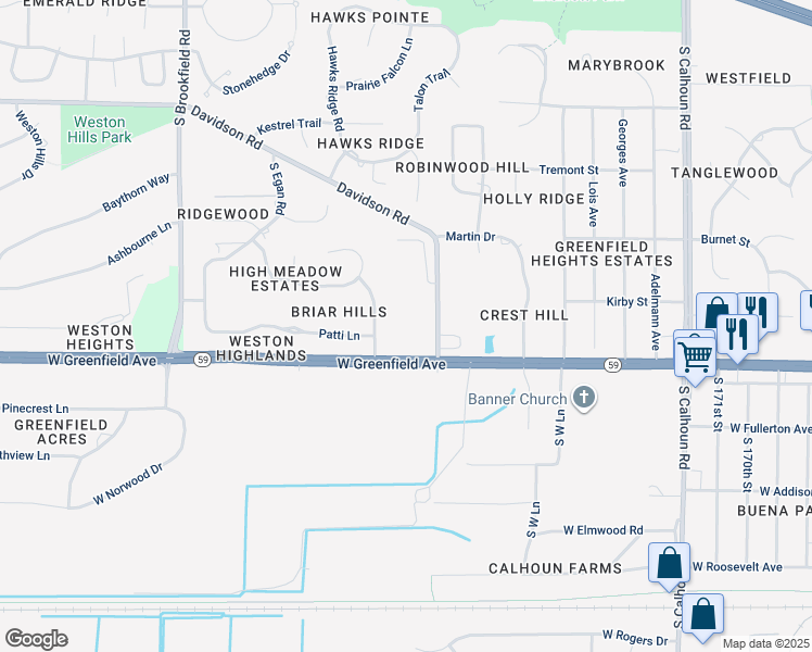 map of restaurants, bars, coffee shops, grocery stores, and more near 18000 West Greenfield Avenue in Brookfield