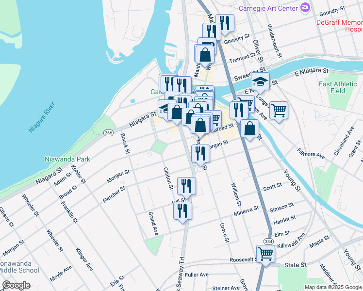 map of restaurants, bars, coffee shops, grocery stores, and more near 134 Broad Street in Tonawanda