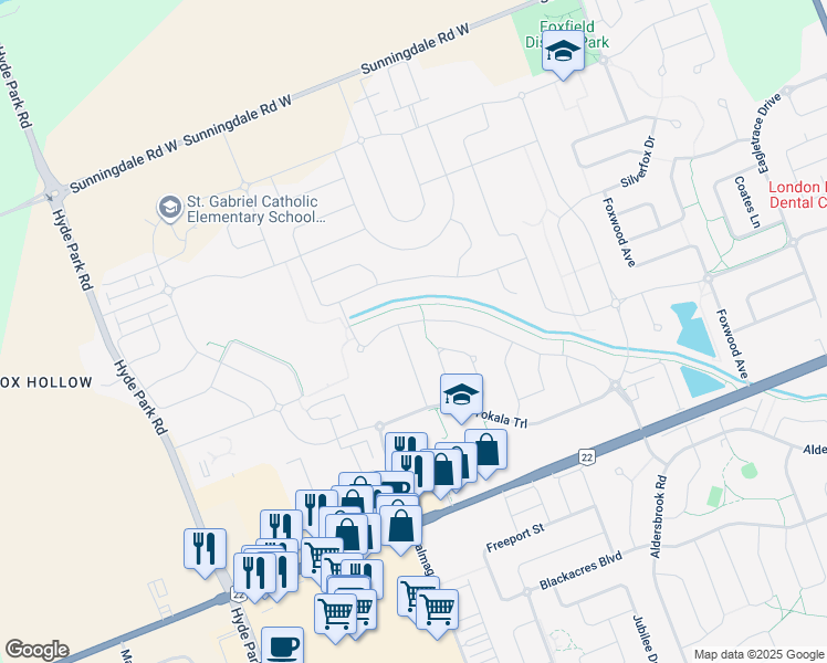 map of restaurants, bars, coffee shops, grocery stores, and more near 2152 Wateroak Drive in London
