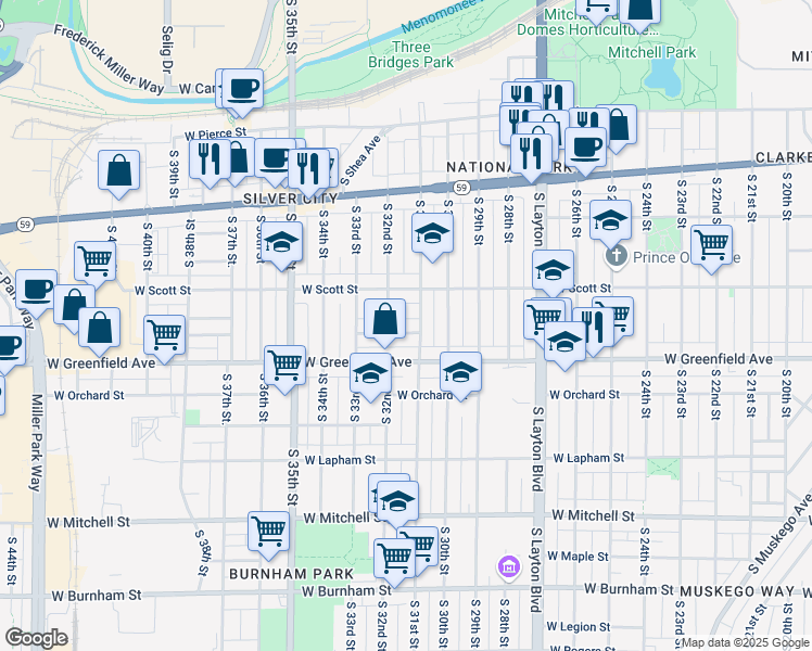map of restaurants, bars, coffee shops, grocery stores, and more near 1220 South 31st Street in Milwaukee