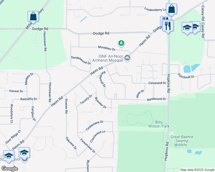 map of restaurants, bars, coffee shops, grocery stores, and more near 51 Southwedge Drive in Getzville