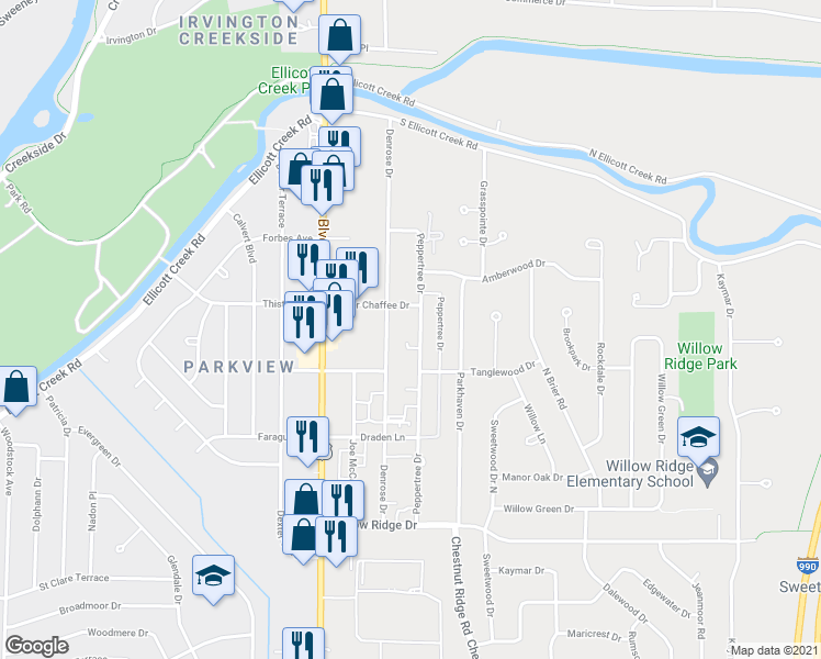 map of restaurants, bars, coffee shops, grocery stores, and more near 220 Peppertree Drive in Buffalo