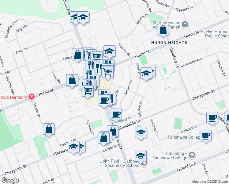 map of restaurants, bars, coffee shops, grocery stores, and more near 159 Godfrey Drive in London