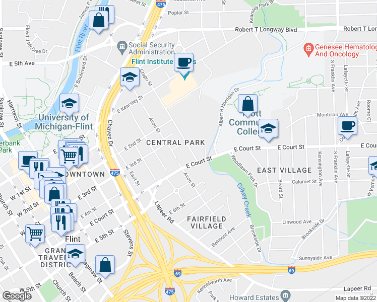map of restaurants, bars, coffee shops, grocery stores, and more near 924 Eddy Street in Flint