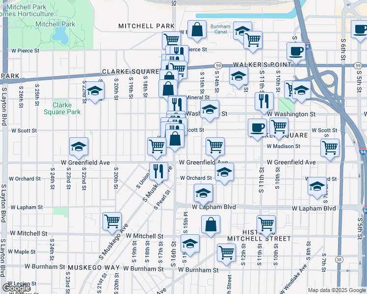map of restaurants, bars, coffee shops, grocery stores, and more near 1222 South 15th Place in Milwaukee