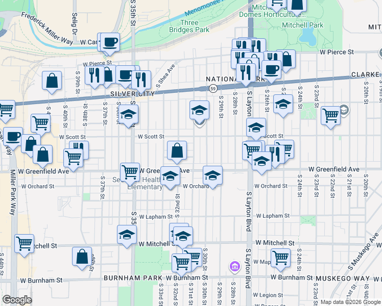 map of restaurants, bars, coffee shops, grocery stores, and more near 1220 South 31st Street in Milwaukee