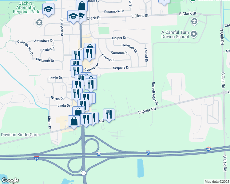 map of restaurants, bars, coffee shops, grocery stores, and more near 10137 Lapeer Road in Davison