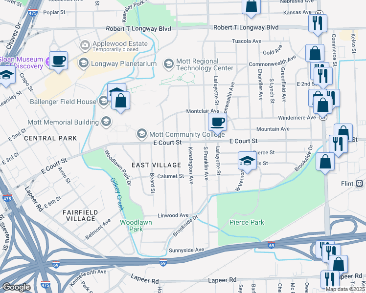 map of restaurants, bars, coffee shops, grocery stores, and more near 1715 East Court Street in Flint