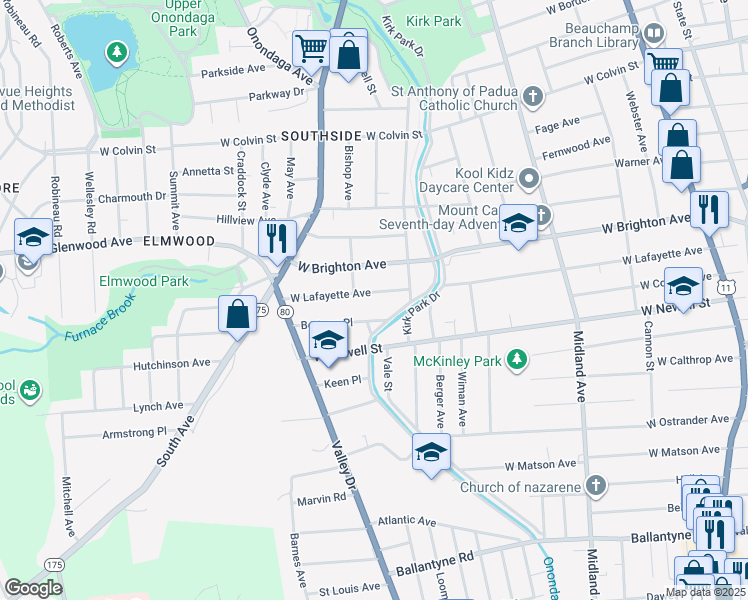 map of restaurants, bars, coffee shops, grocery stores, and more near 830 West Lafayette Avenue in Syracuse