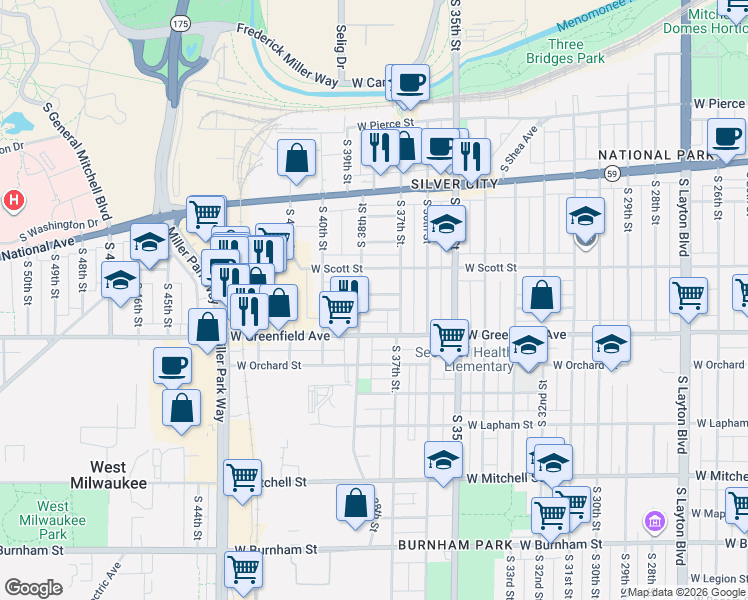 map of restaurants, bars, coffee shops, grocery stores, and more near 3744 West Dorothy Place in Milwaukee
