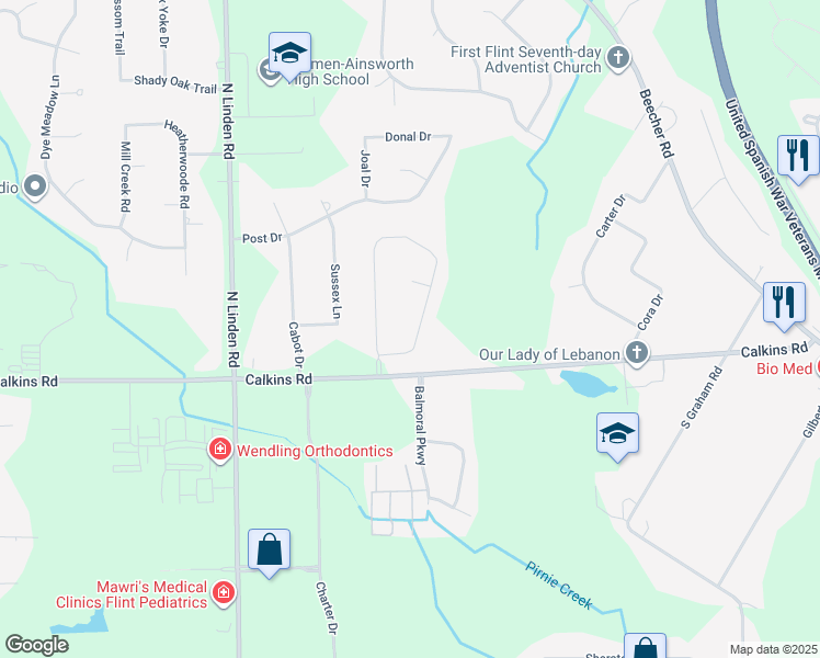 map of restaurants, bars, coffee shops, grocery stores, and more near 4320 Cayuga Trail in Flint
