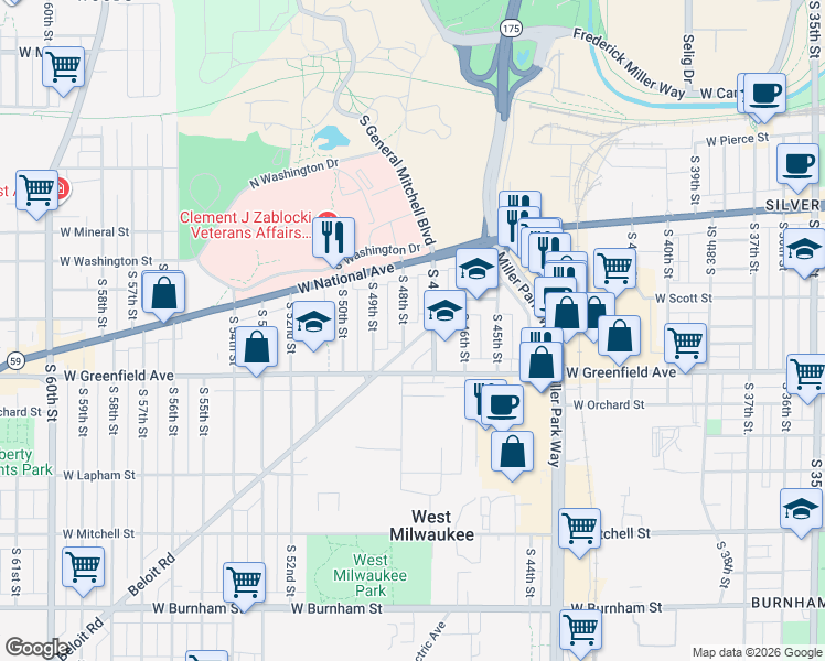 map of restaurants, bars, coffee shops, grocery stores, and more near 1216 South 48th Street in West Milwaukee