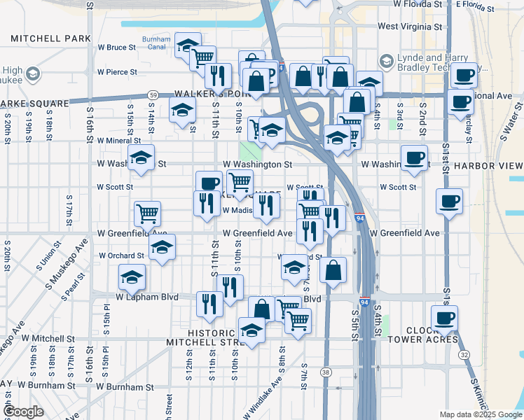 map of restaurants, bars, coffee shops, grocery stores, and more near South 9th Street in Milwaukee
