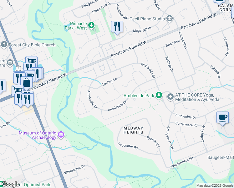 map of restaurants, bars, coffee shops, grocery stores, and more near 62 Moraine Walk in London