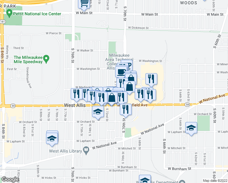 map of restaurants, bars, coffee shops, grocery stores, and more near 1317 South 71st Street in West Allis