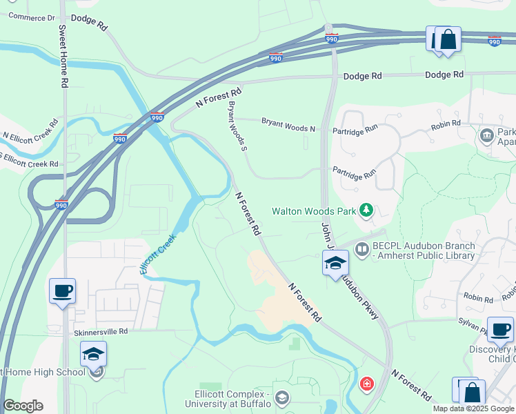 map of restaurants, bars, coffee shops, grocery stores, and more near 2833 North Forest Road in Getzville