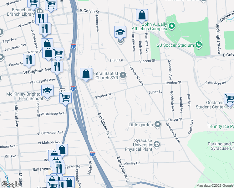 map of restaurants, bars, coffee shops, grocery stores, and more near in Syracuse