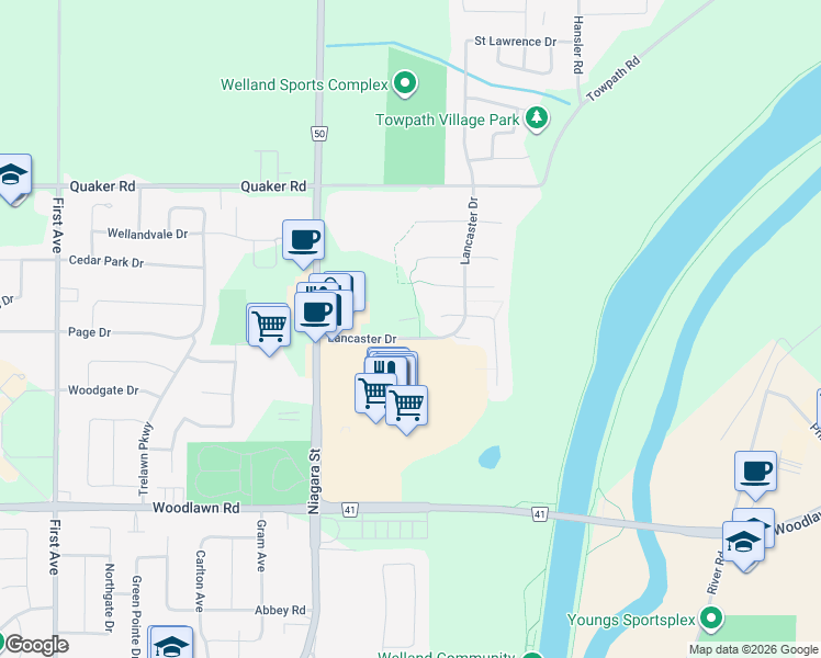 map of restaurants, bars, coffee shops, grocery stores, and more near 160 Lancaster Drive in Welland